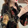 Retro Women's Printed Shirt Slim-fit Lantern Sleeve Floral Shirt Collared Chiffon Shirt Spring