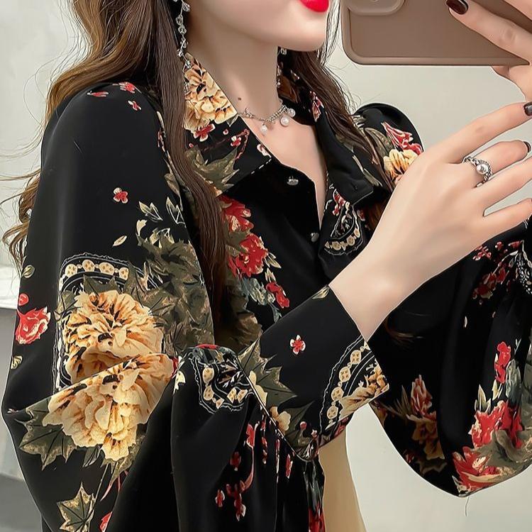 Retro Women's Printed Shirt Slim-fit Lantern Sleeve Floral Shirt Collared Chiffon Shirt Spring