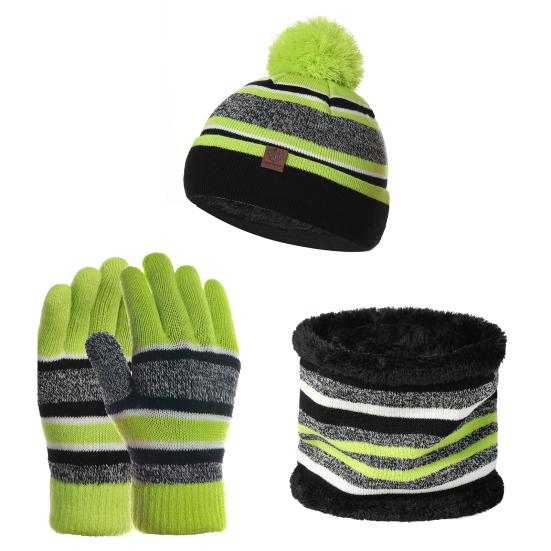 Kids Winter Woolen Yarn Knitted Pompom Hat Beanie Neck Scarf Gloves Warm Set