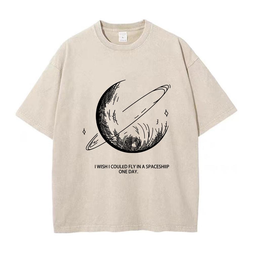 New Heavyweight Pure Cotton Washed TShirt Loose Oversize Retro Distressed Street Style Moon Print Short Sleeve Base Layer