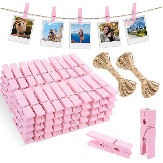 joycraft Mini Wooden Clothesp with String - 100Pcs Brown Craft Clips, 1.4 in Photo Holder Hanging Clips for DIY Craft, Wedding Party Decor, Classroom