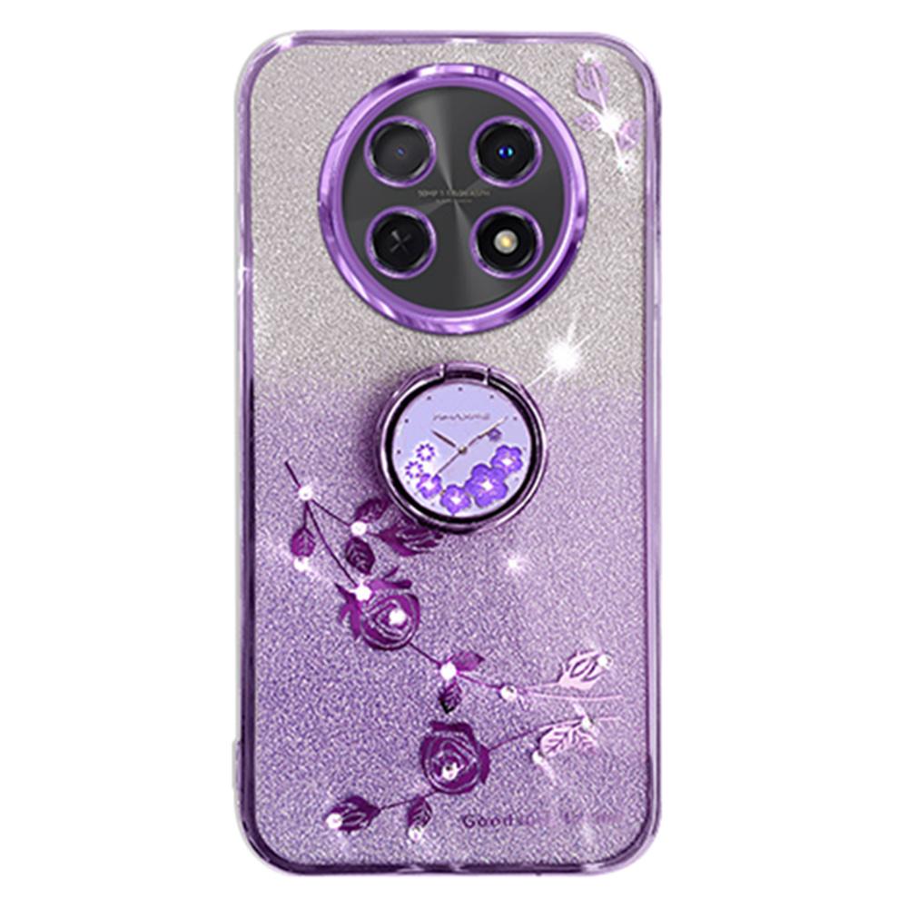 

For Honor X60 Pro 5G Case Ring Kickstand TPU Flowers Phone Cover Gradient Glitter Purple