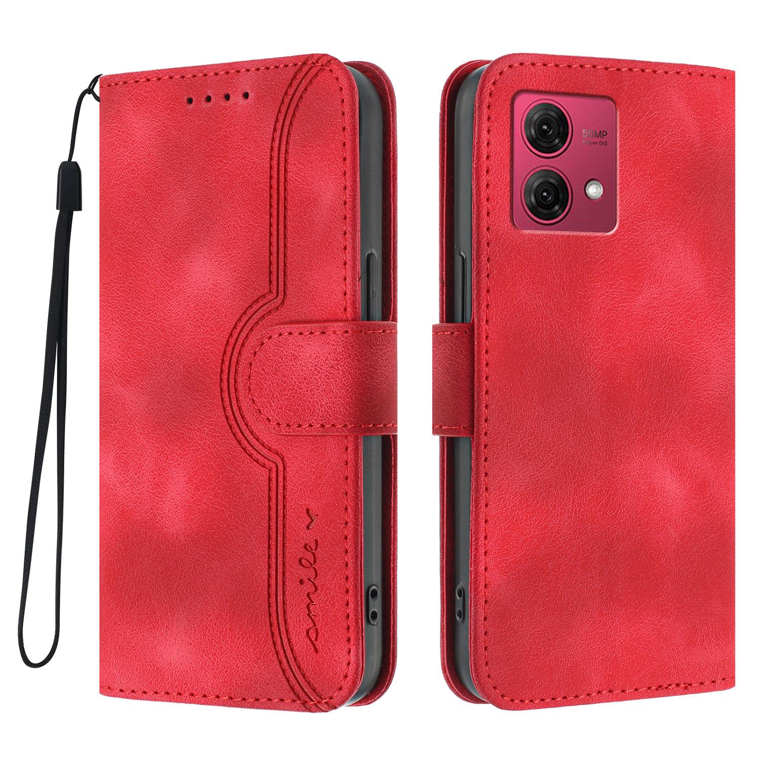 

Шкіряний чохол-гаманець-підставка для Motorola Moto G84 5G з ремінцем та принтом усмішки F