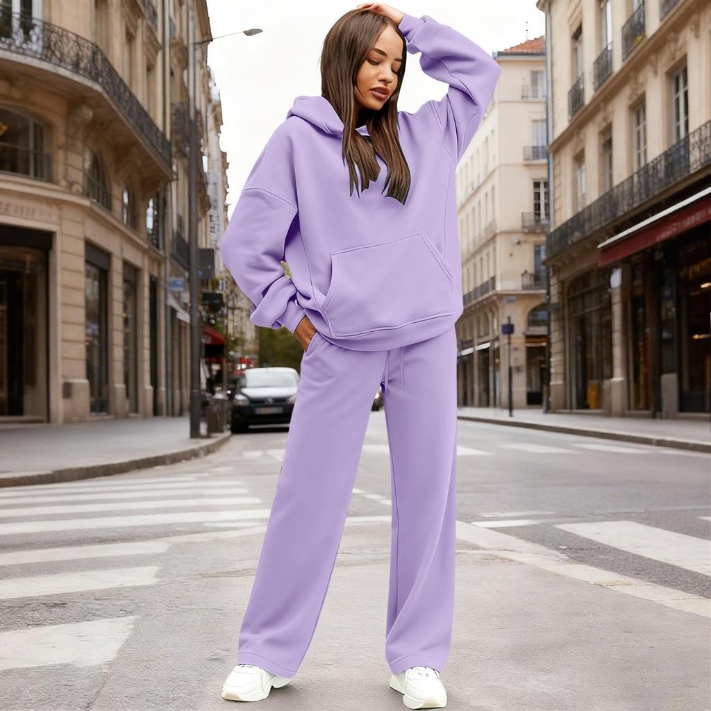 Dámská módní mikina s kapucí volného střihu s kapsami a souprava kalhot podšitých fleecem