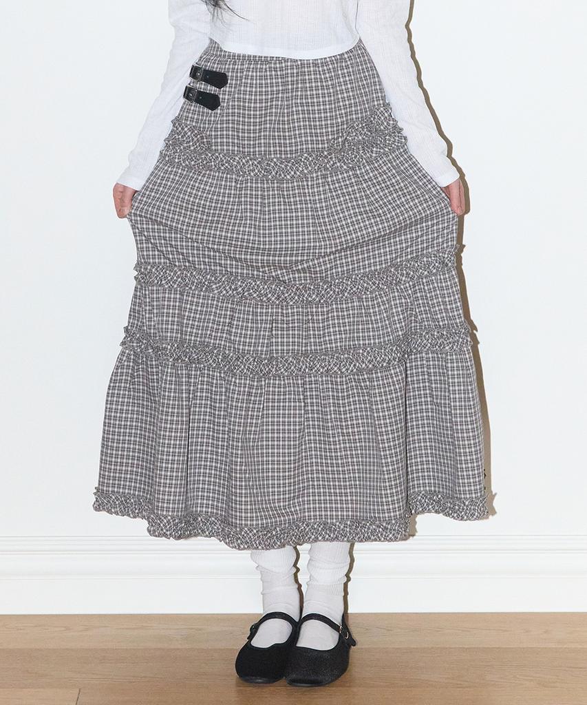 Iligo Buckle Frill Long Skirt Check Beige