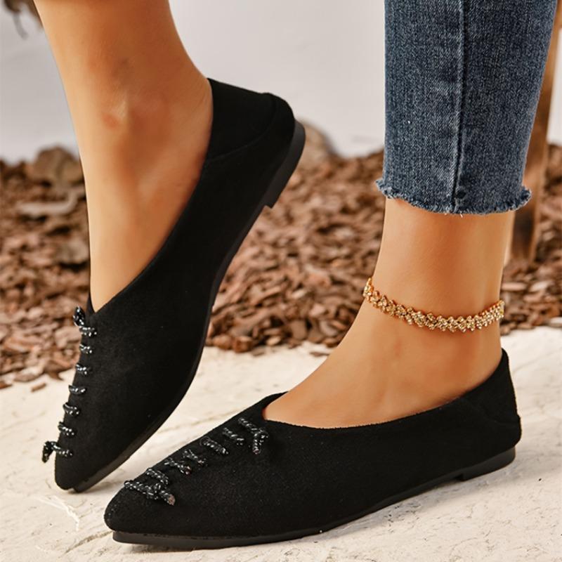 Fashion Retro Pointed Toe Shallow Mouth Flat Single Shoes Women's Spring New Cloth Front Lace-up Soft Slip Non-slip Low-top Shoes