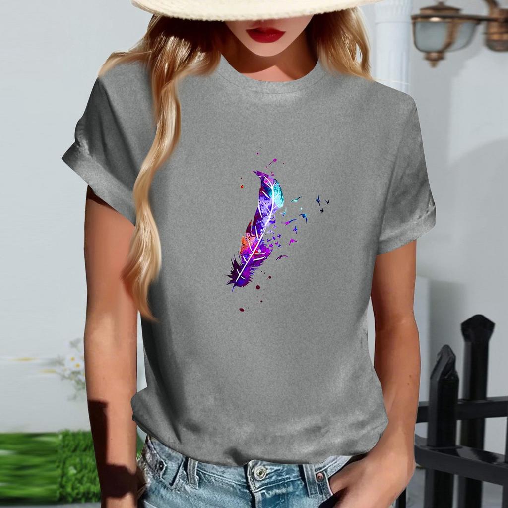 Kadın Modaya Uygun Yuvarlak Yaka Günlük Retro Baskılı Kısa Kollu Tişört Üst