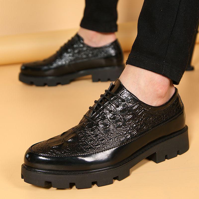 Men s Crocodile Pattern Casual Leather Shoes - British  Korean Style, Autumn/Winter, Hidden Height Increase 44 чёрный
