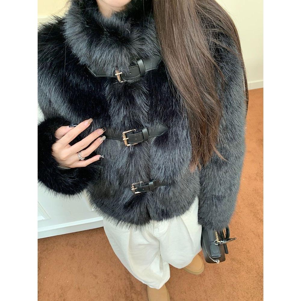 Ekologický kožich Zimní Malý Nový Imitace Liščí Kožešiny Módní Dámské Oblečení Černý Stojáček Top Trendy