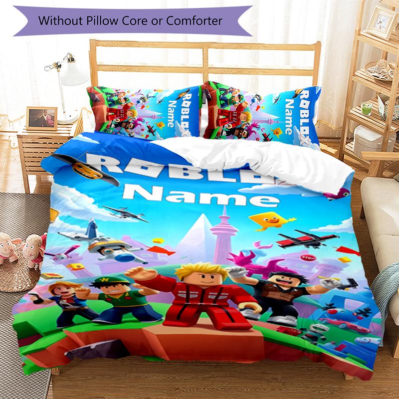 3pcs Custom Name Gaming Roblox Bedding Set Duvet Cover Closure Includes 1 Duvet Cover & 2 Pillowcases for All Seasons Bedroom Decor