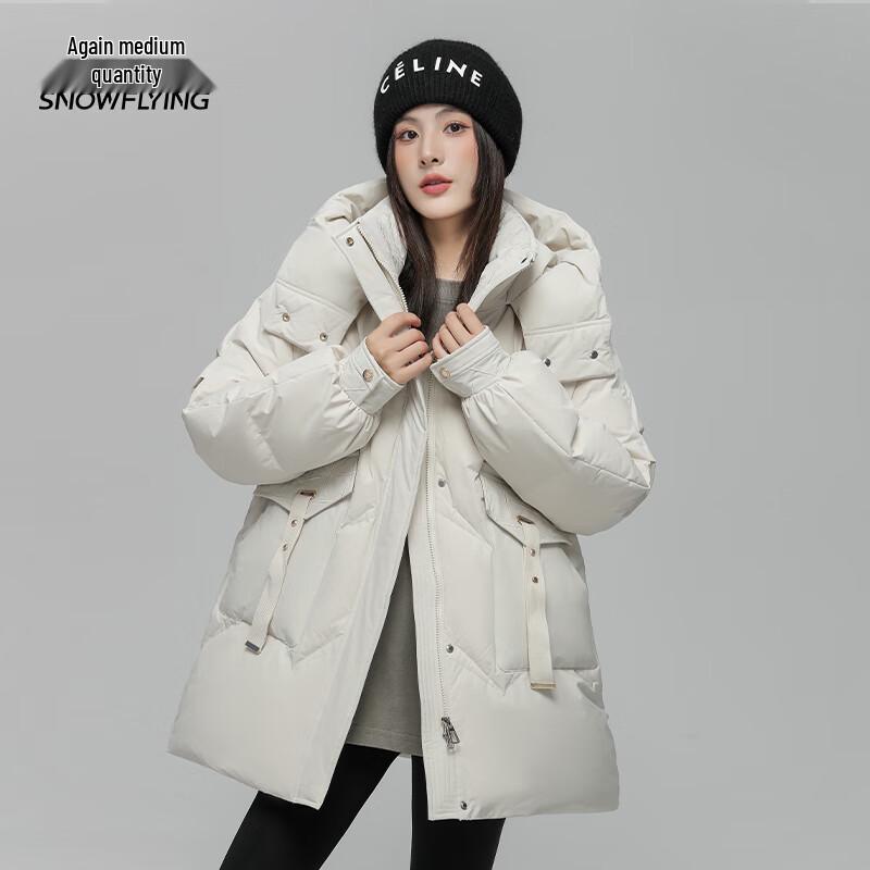 XueZhongFei Damen-Steppjacke mit Kapuze, mittellang, 90 % Daunenfüllung