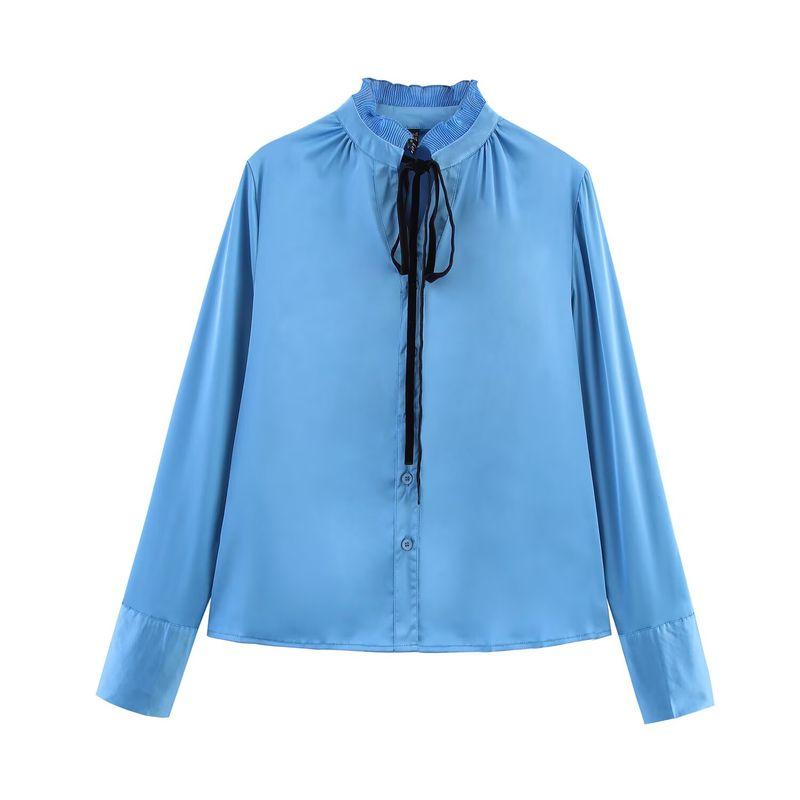 

Kaslead New Arrival Women s Fashion Style Fashion Satin Chiffon Flounce Trim Lace up Long Sleeves Shirt Blue L