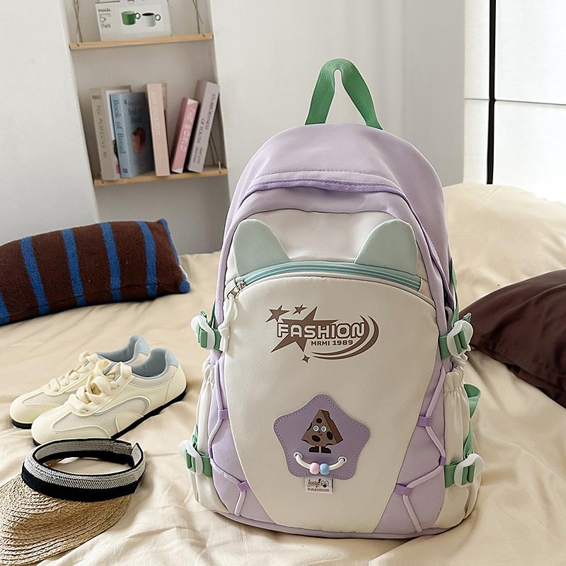 Contrast Color Backpack Women's College Style Lightweight Backpack Cartoon Student Schoolbag