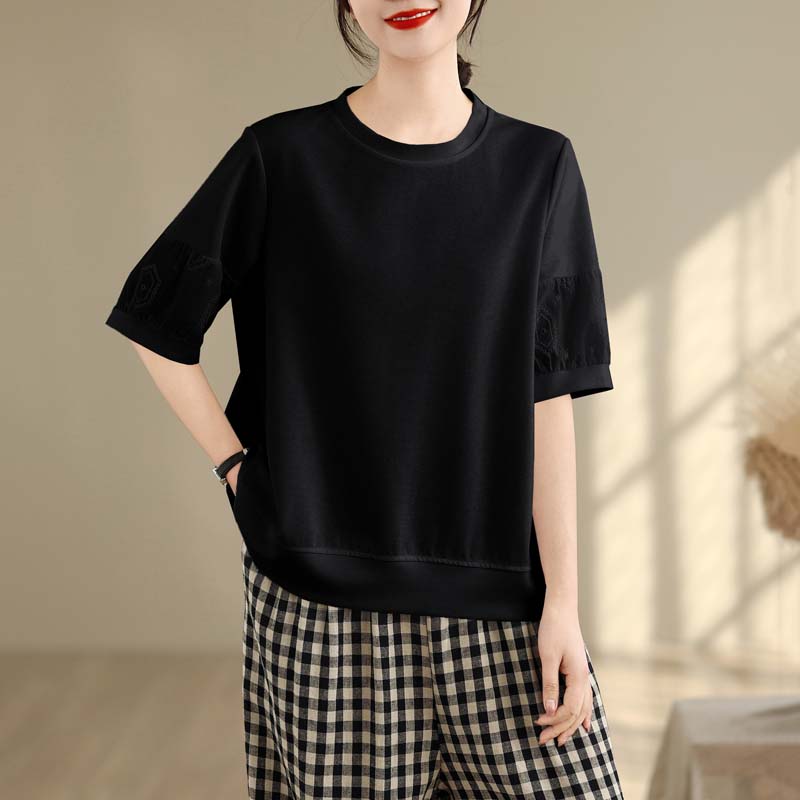 Dimanaf 2025 New Summer Women Plus Size T-Shirt Short Sleeve Loose Basic Casual Tops Solid Hollow T-Shirt O-Neck