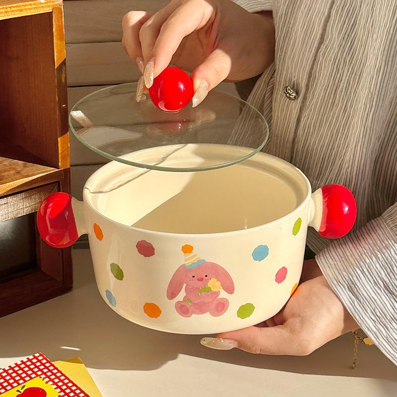 Ins Cream Wind Cute Cartoon Ceramic Binaural Instant Noodle Bowl Snail Powder Bowl Noodle Bowl Soup Bowl with Lid