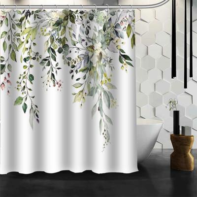 Watercolor Leaves On The Top Plant with Floral Bathroom Decoration Shower Curtain 180x180CM with Hooks
