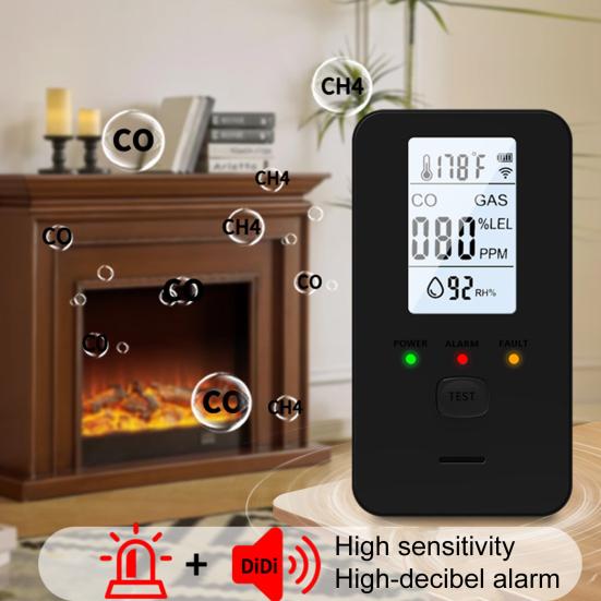 4-in-1 Gas & CO Detector with LCD Display Plug-in Natural Gas Carbon Monoxide Alarm Temperature & Humidity Monitor High Sensitivity Home RV Safety
