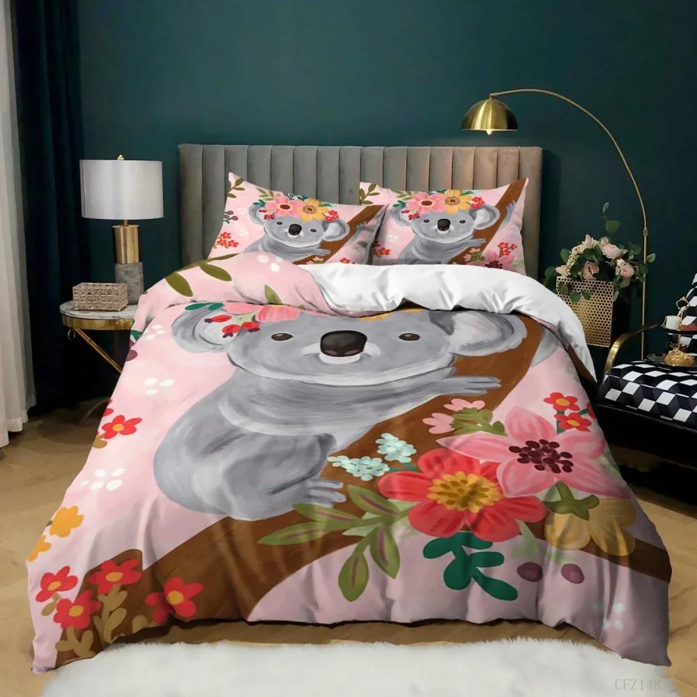 Cartoon Koala Duvet Cover King Queen Lovely Animal Bedding Set for Kids Teens Adults Wildlife Quilt Cover with Pillowcase