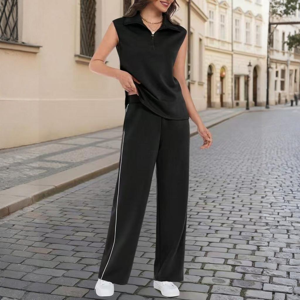 Women’s Sleeveless Top and Wide Leg Pants Two Piece Set with Zipper Collar and Side