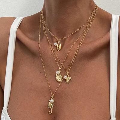Salircon 4Pc/Set Boho Seahorse Sea Turtle Pendant Necklace Women New Summer Conch Imitation Pearl Charms Chain Jewelry