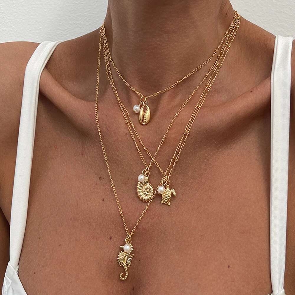 Salircon 4Pc/Set Boho seahorse Sea Turtle Pendant Necklace Women  New Summer Conch Imitation Pearl Charms Chain Jewelry