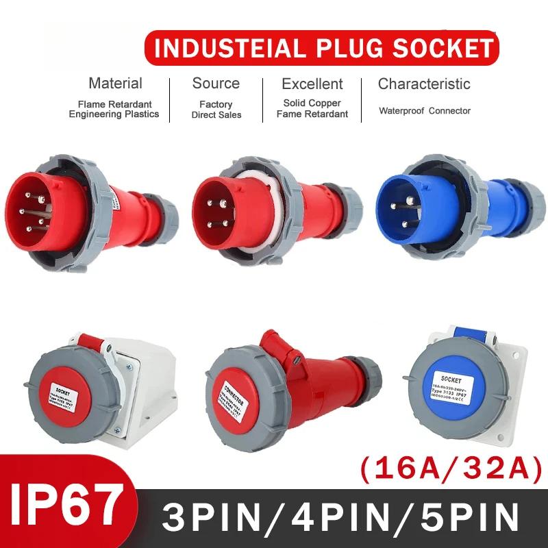 Průmyslový konektor Samec Zástrčka 3P/4P/5Pin Elektrický konektor 16A 32A IP67 Vodotěsná nástěnná zásuvka 220V 380V