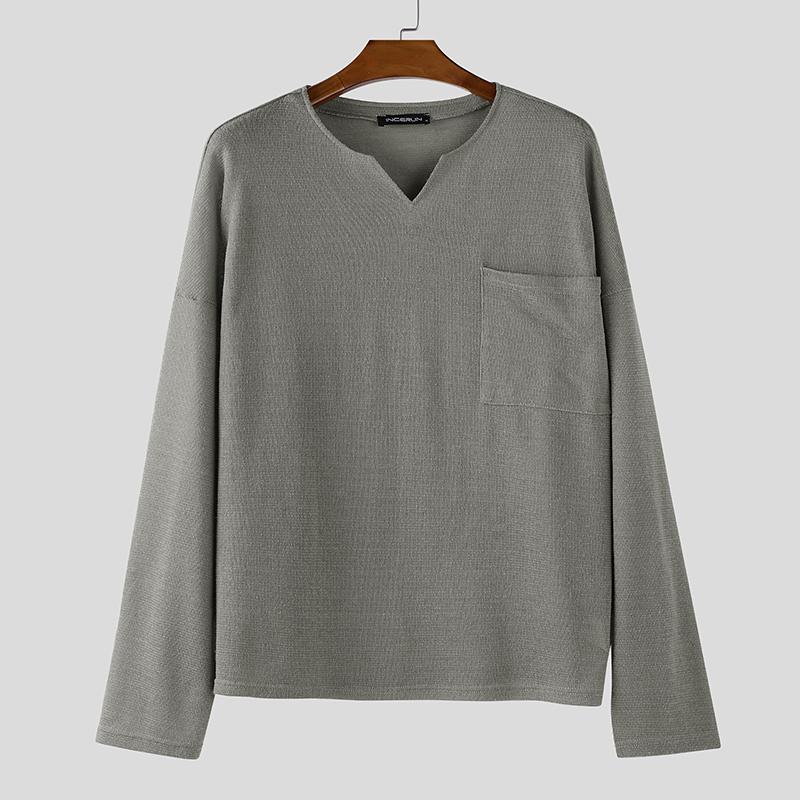 INCERUN Oversized Autumn Spring Men Casual Long Sleeve Texture T-shirts Tops