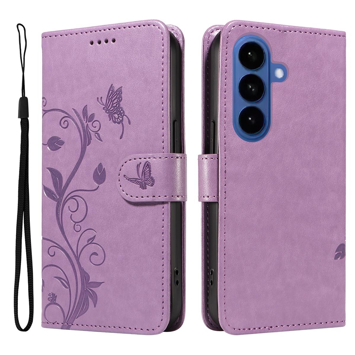 For Samsung Galaxy S26+ PU Leather Cases Flower Pattern Wallet Stand Phone Cover with Strap