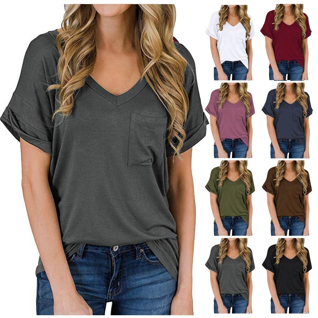 Women's Fashion Spring/summer V-neck Pocket T-shirt With Rolled Edge Short-sleeved Loose Top