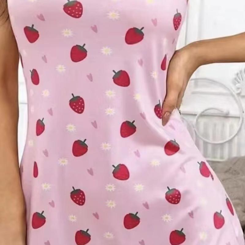 Women's Pajamas Summer Sleeveless Camisole Nightdress Milk Silk Fabric Floral Strawberry Print Sexy Adult Pajamas Dress