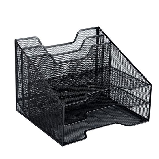 Letter Tray Organizer Desk Mesh File Organizer with 3 Paper Tray And 2 Vertical Upright Section Metal File Folder Sorter for Office Supplies