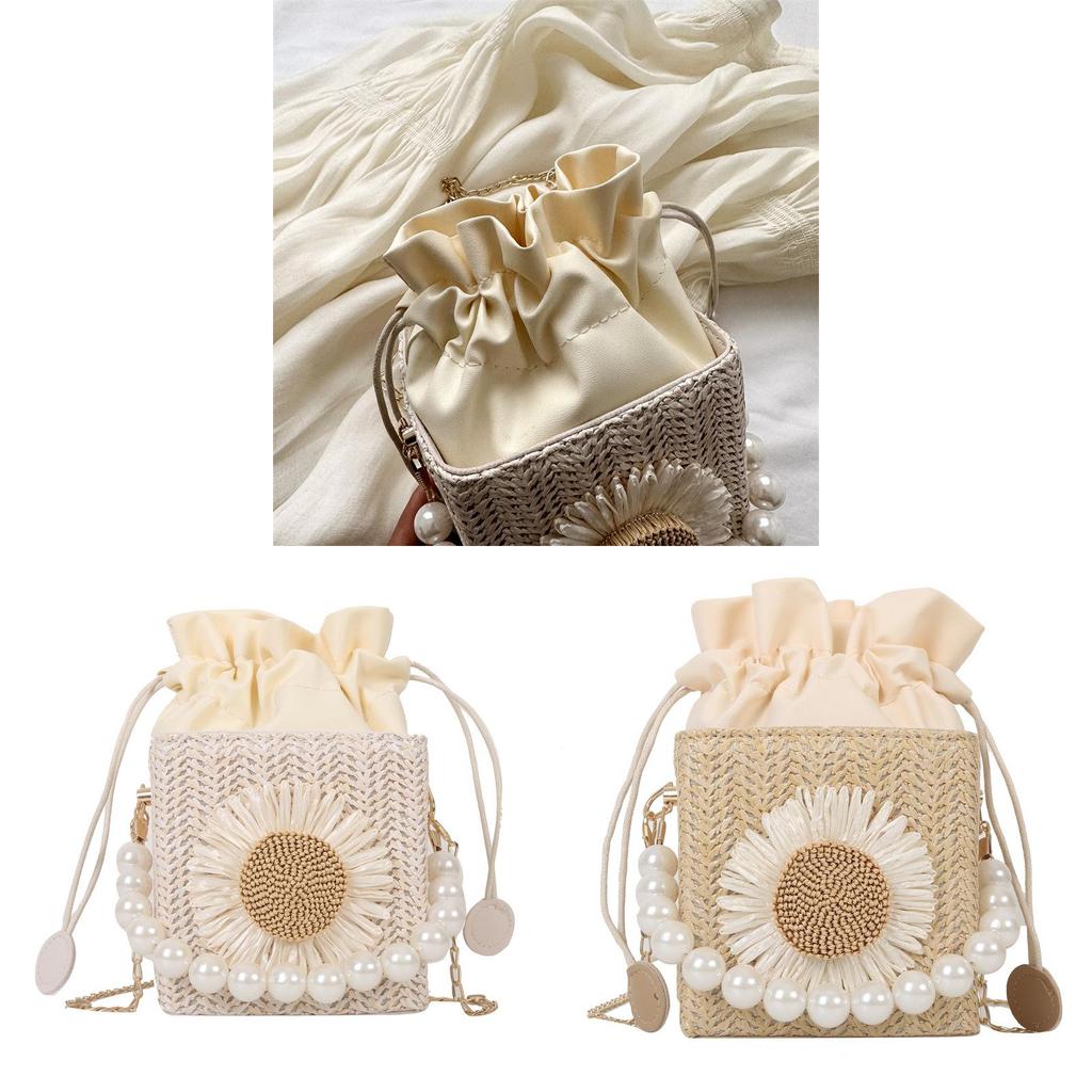 Woven Pearl Chain Shoulder Bag For Women With Drawstring Closure And Mobile Pocket