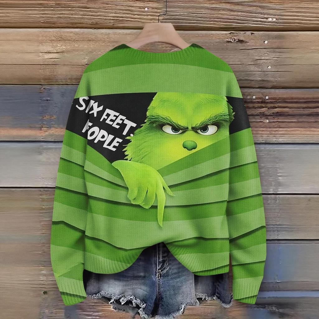 Long Sleeve Pullover Sweaters For Women O Neck Casual Cute Printing Knit Oversized Sweater