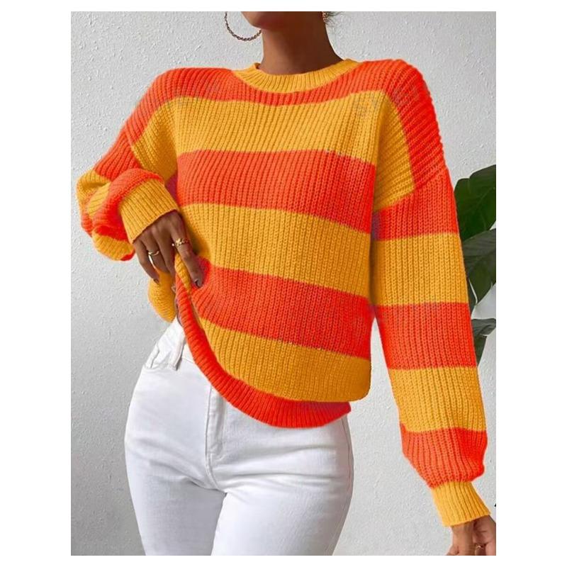 Damen S Lockerer Rundhals Langarm Gestreifter Strickpullover