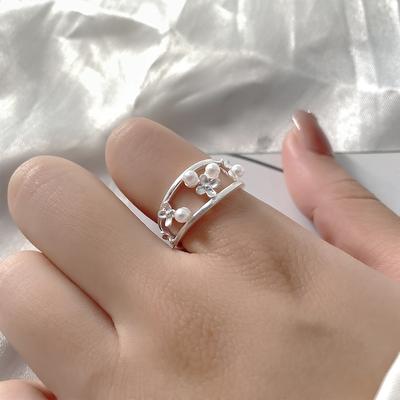 Hollow-Out Double-Layer Pearl Flower Ring Women'S Literary Small Fresh Sand Surface Design Index Finger Ring Creative Small Flower Ring
