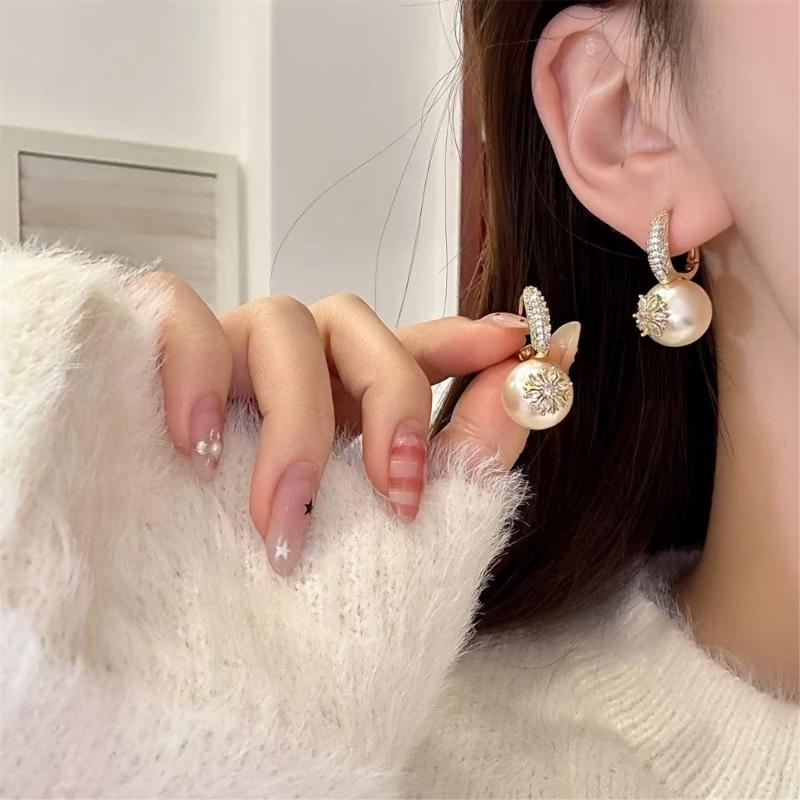 retro Zircon Flower Pearl Earrings for Women Fine Jewelry Minimalist Accessories