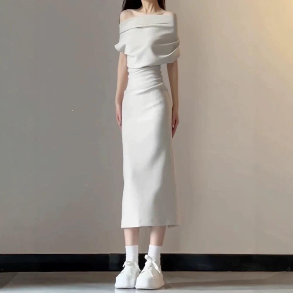 Temperament sexy slanted shoulder short-sleeved dress women's summer slim-fit one-word shoulder long dress showing figure waist hip skirt