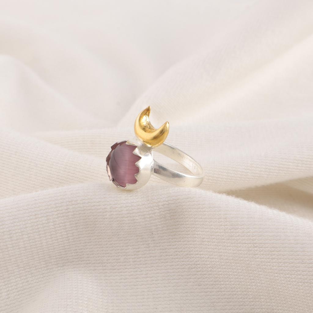 Purple Cat's Eye Stone Engagement Gift Ethnic Eternity Ring 925 Sterling Silver RR-58-49