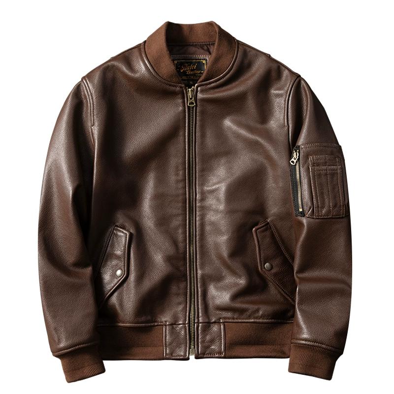 Mens Genuine Leather Jacket Short Slim Fit American Style Bomber Flight Jacket Top Grain Cowhide Autumn Winter Coat