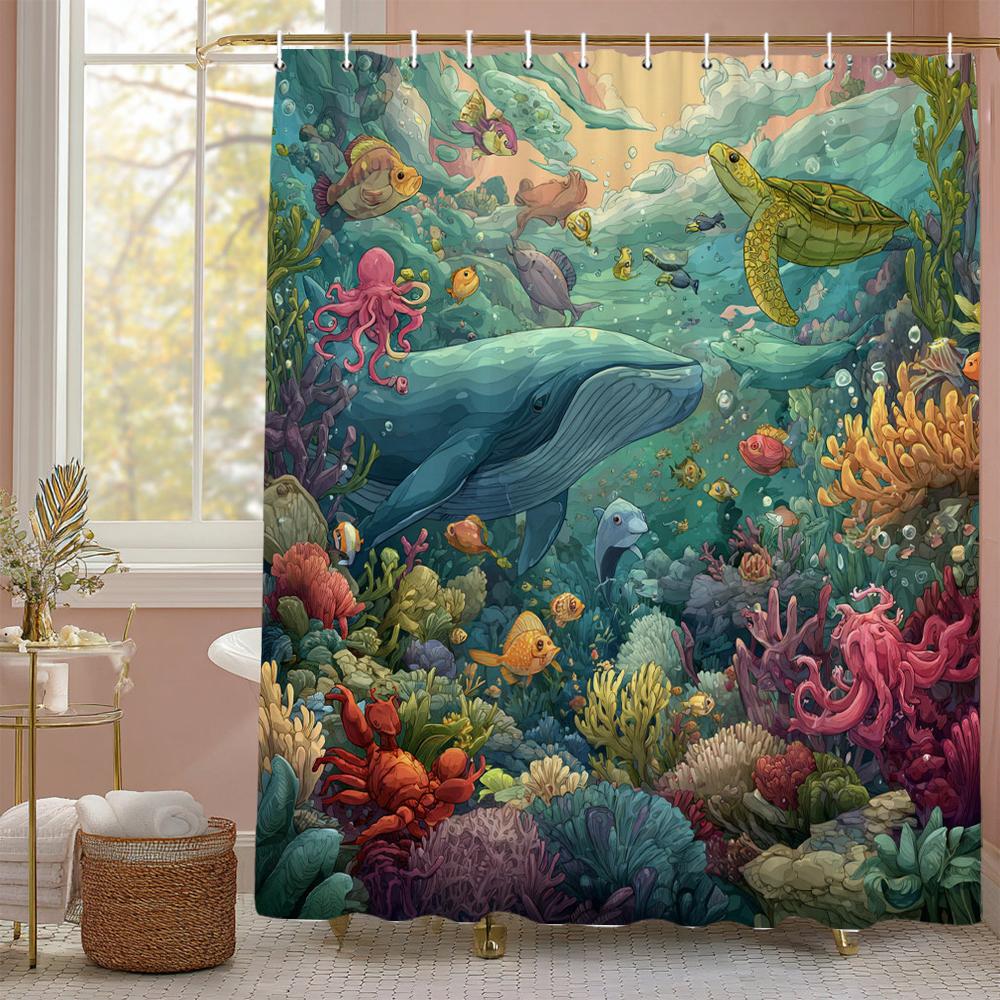 Underwater World Ocean Dolphin Jellyfish Shower Curtain, Bathroom Decorative Shower Curtain, Waterproof Shower Curtain with Hook