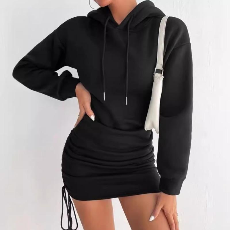 Autumn new sexy wind drawstring design hooded hip wrap long sleeve sweater skirt women
