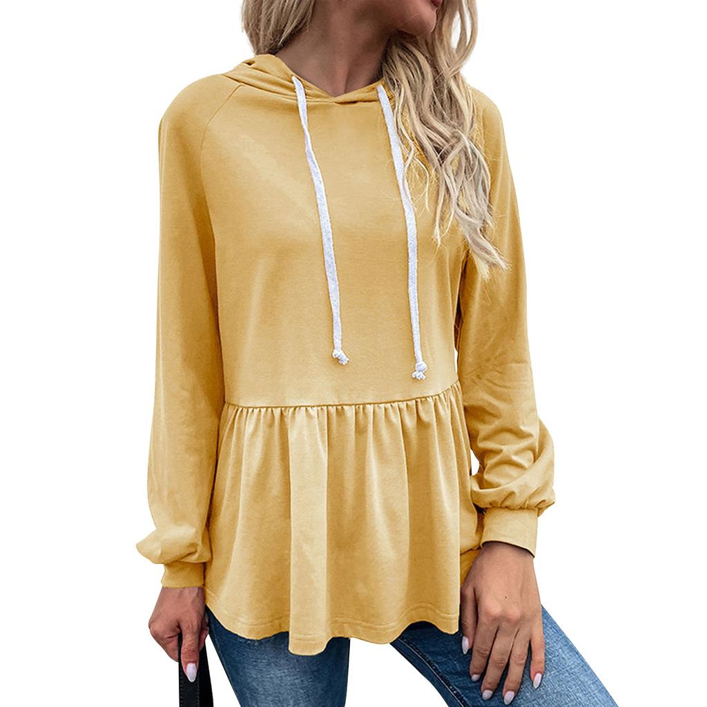 Women's Casual Hoodie Ruffle Tops, Long Sleeve Hooded Long Sleeve Solid Color Sweatshirt