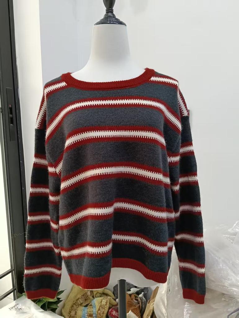 Striped Long-sleeved Pullover Women's Clothing New Autumn and Winter Lazy Style Retro Contrasting Color Knitted Sweater