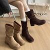 Autumn Winter Suede Woman Western Ankle Boots Comfort Slip On Shoes Female Vintage Thick Heel Short Booties  De Muje