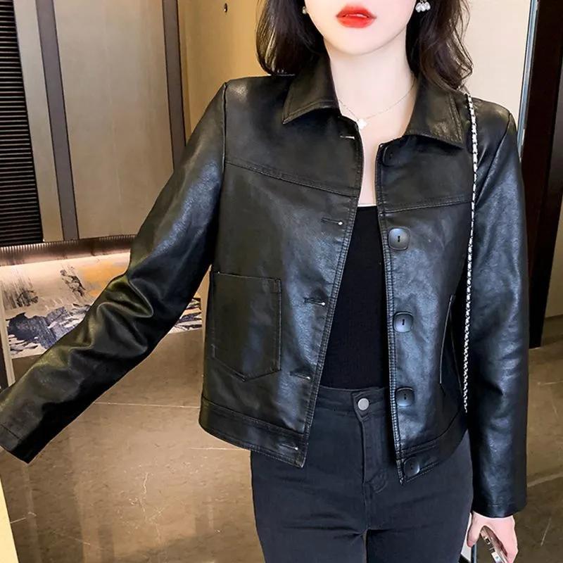 Women's Casual Loose Fit PU Leather Jacket with Button Closure and Pockets
