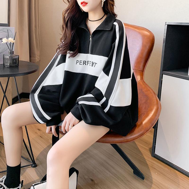 Plus Size Women Polo Collar Long Sleeve Sweatshirt Spring Autumn Loose Casual Zipper Hoodie Oversized Pullover Tops
