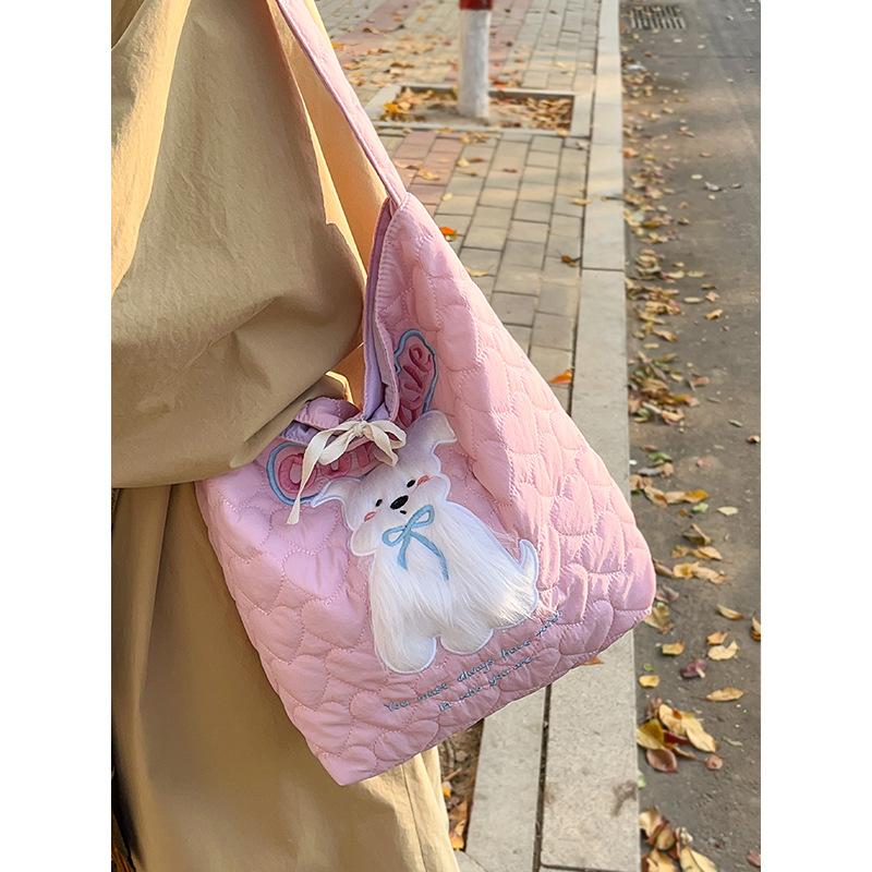 Cute plush puppy shoulder bag women's autumn and winter double-sided contrasting canvas bag large-capacity mommy bag student class bag