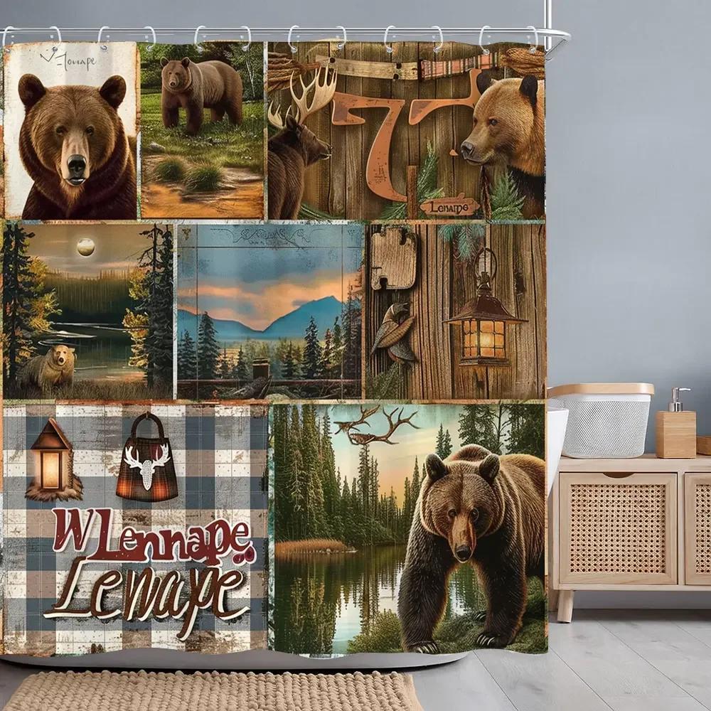 Vintage Lattice Outdoor Camping Shower Curtain Bear Deer Forest Rustic Wooden Panels Shower Curtains Bathroom Decor With Hooks