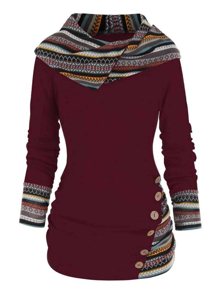 Tribal Geometric Stripe Splicing Hooded Top Knitted Long Sleeve Button Casual Ethnic Sweater