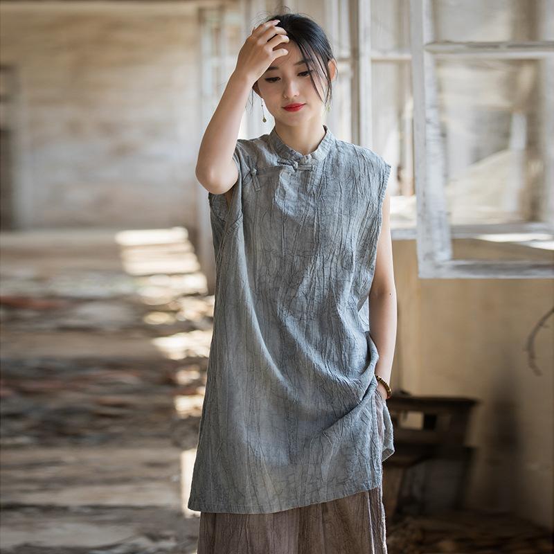 Johnature Women Vintage T-Shirts Sleeveless Summer Stand Tie-dye Chinese Style Button Long T-Shirts